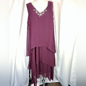 SLNY Sleeveless Midi Dress, Purple V-Neck Beaded Jeweled, Neckline Ruffles, 18